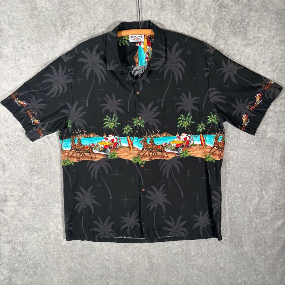 Pacific Legend Mens 2XL Christmas Hawaiian Shirt Santa Reindeer Black Cotton USA